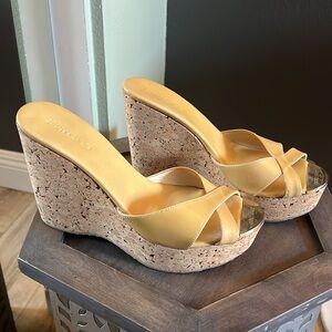 Jimmy Choo, size 8.5 (EU 39) Patent Leather Tan Cork Wedge Sandals